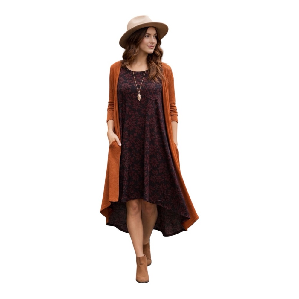 LuLaRoe Carly Dress XL Burgundy Floral Hi-Low Swing Tunic Preloved